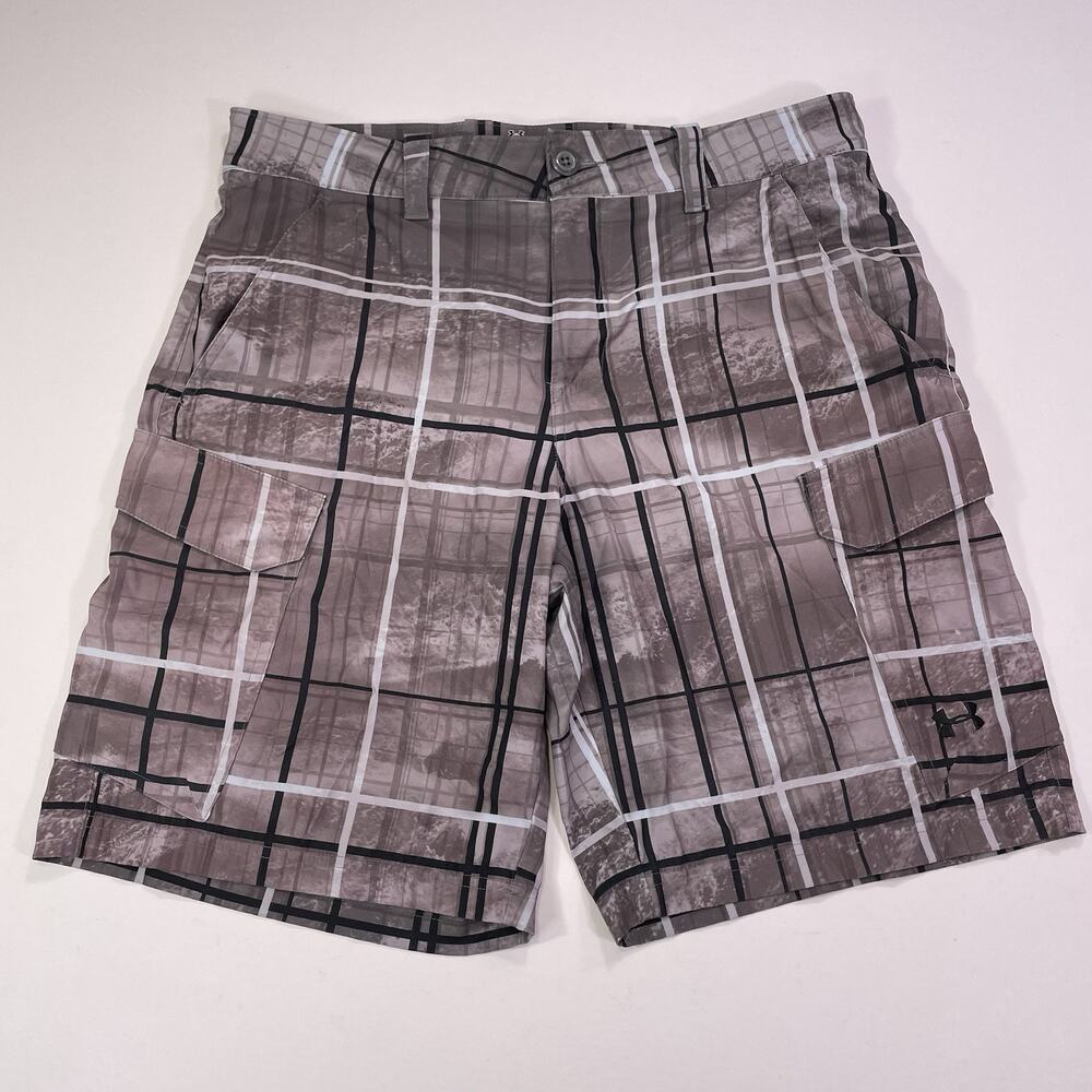 Under Armour Cargo Shorts Men’s 34 Plaid Zipper Pockets 9” Drawstring Gray